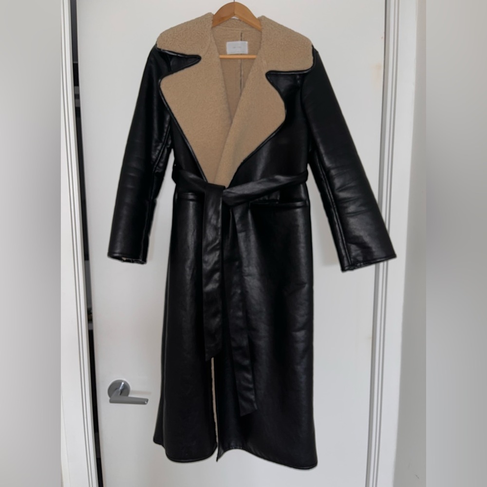 OAK + FORT Black and Tan Sherpa faux shearling and leather wrap coat